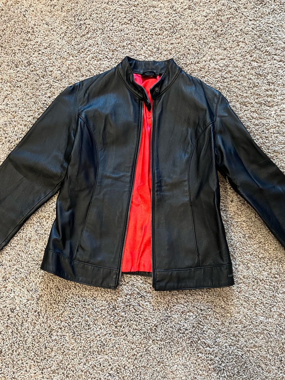 Hurley Black Leather Jacket with Red Lining